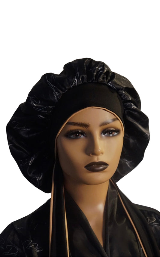 Black & Gold Reversible Satin Tie Bonnet