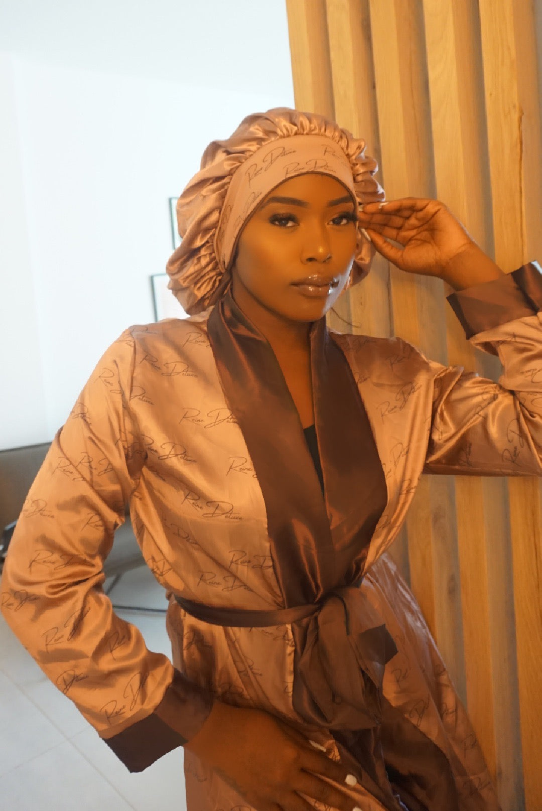 Beige & Brown Contrast Satin Robe