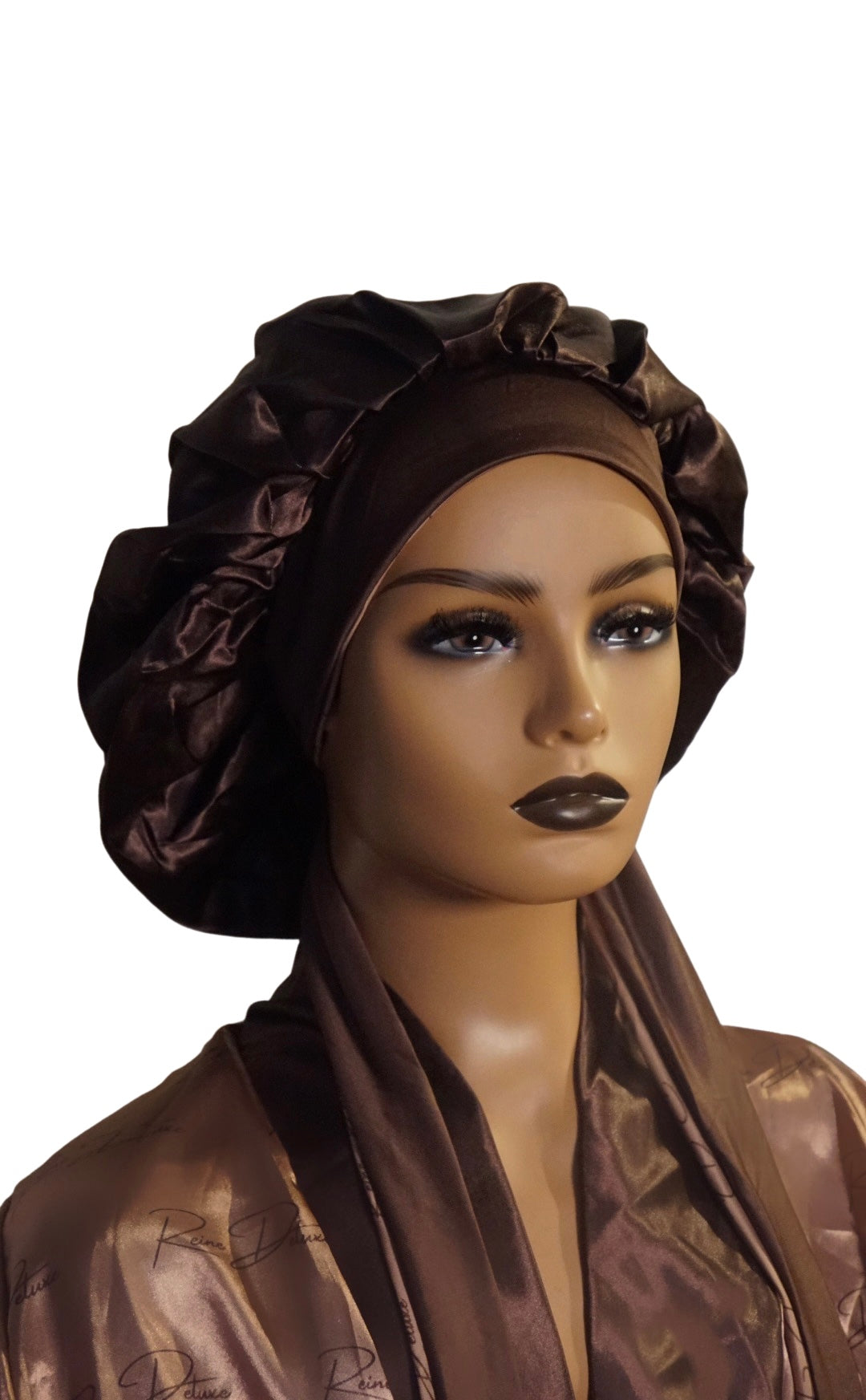 Beige & Brown Reversible Satin Tie Bonnet