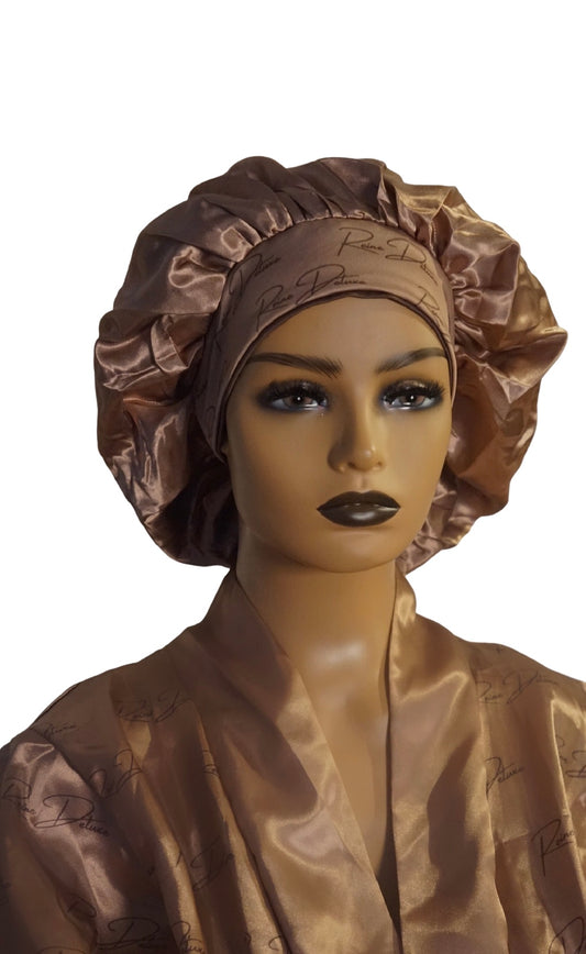 Beige & Brown Reversible Satin Tie Bonnet