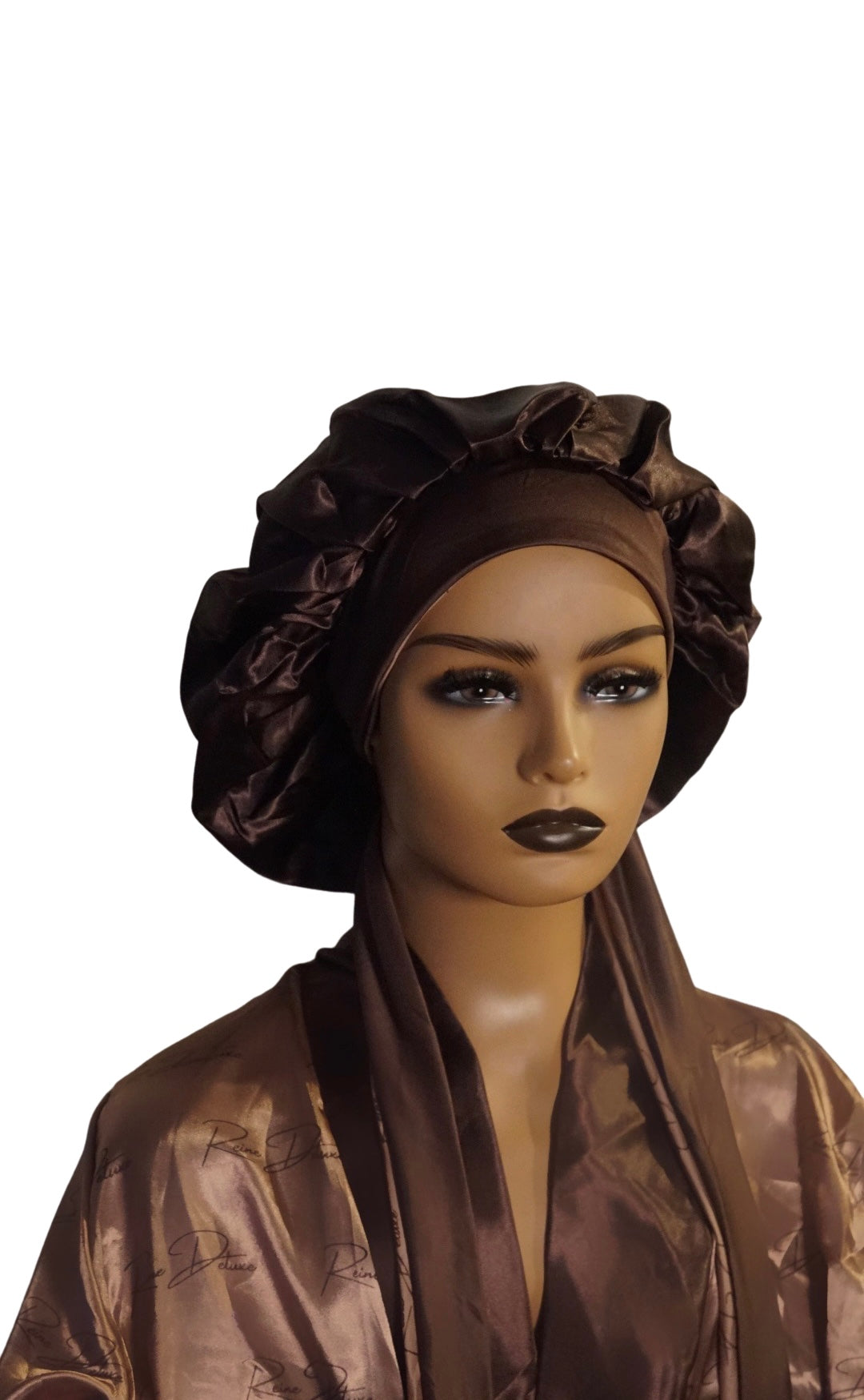 Beige & Brown Reversible Satin Tie Bonnet