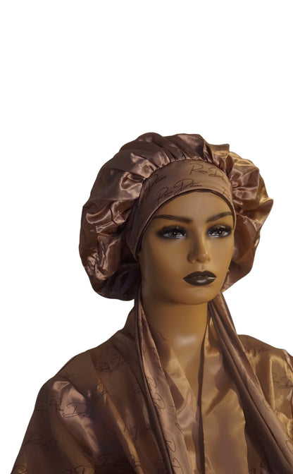 Beige & Brown Reversible Satin Tie Bonnet